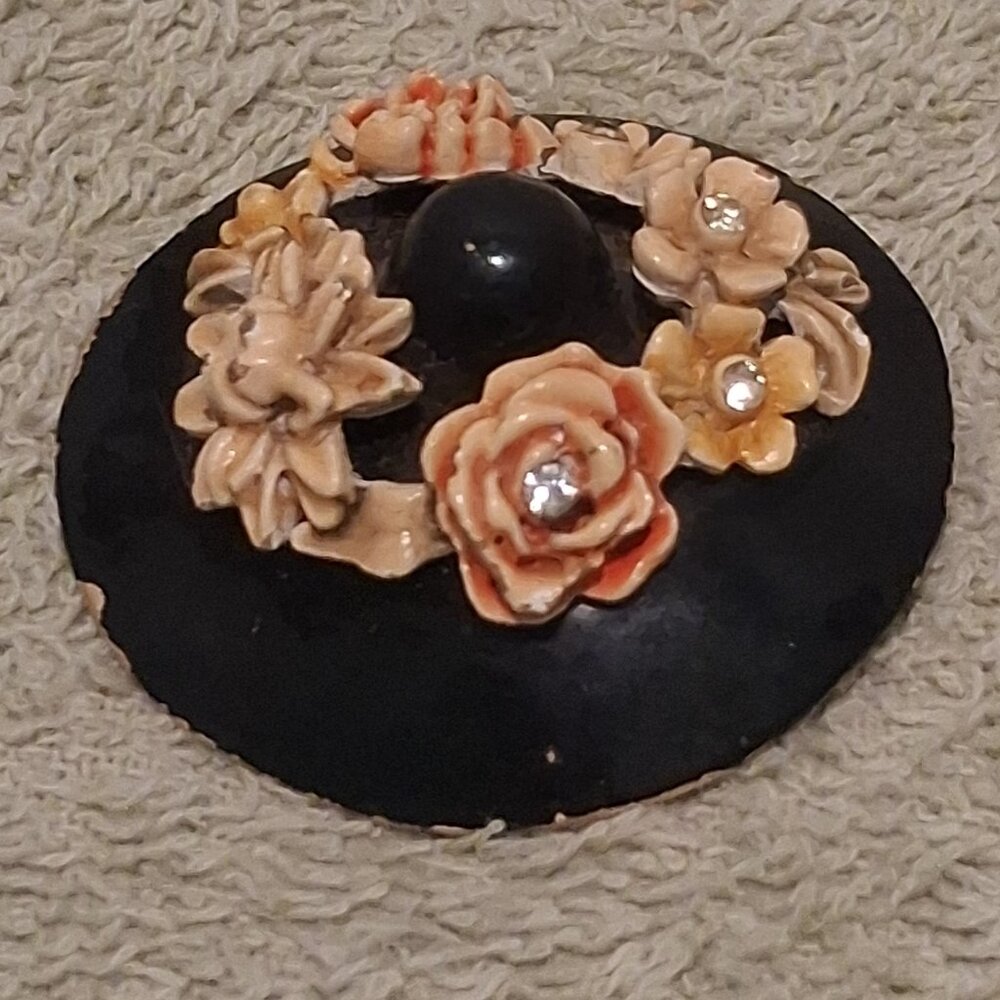 VTG Signed BSK “My Fair Lady” Black Hat w/Ceramic Flowers Enamel Brooch Pin